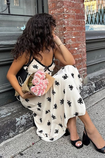 Floral Print Lace Trim Deep V-Neck Spaghetti Strap Empire Waist Slip Maxi Dress