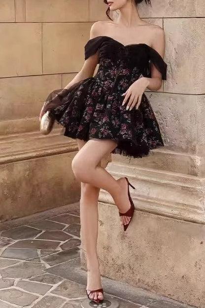 Off Shoulder Mesh Puff Sleeve Corset Bodice Layered Hem Mini Floral Dress