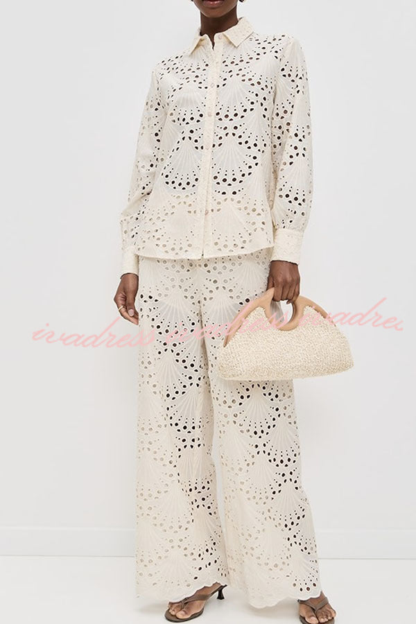 Lillah Embroidered Lace Shell Pattern Elastic Waist Pocket Wide Leg Pants