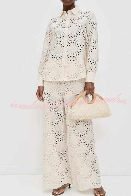 Lillah Embroidered Lace Shell Pattern Elastic Waist Pocket Wide Leg Pants