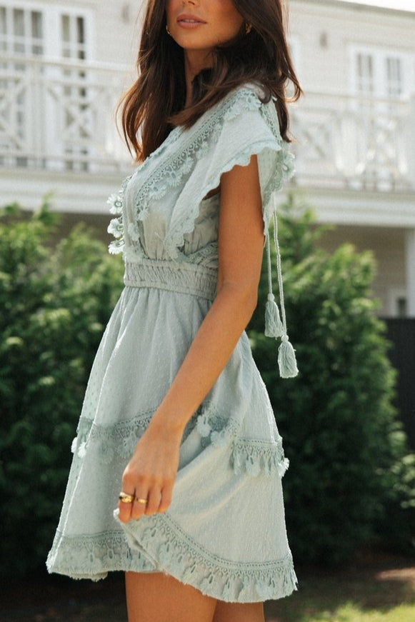 Swiss Dot Lace Trim Tassel Tie Flutter Sleeve Tiered Smocked Mini Dress