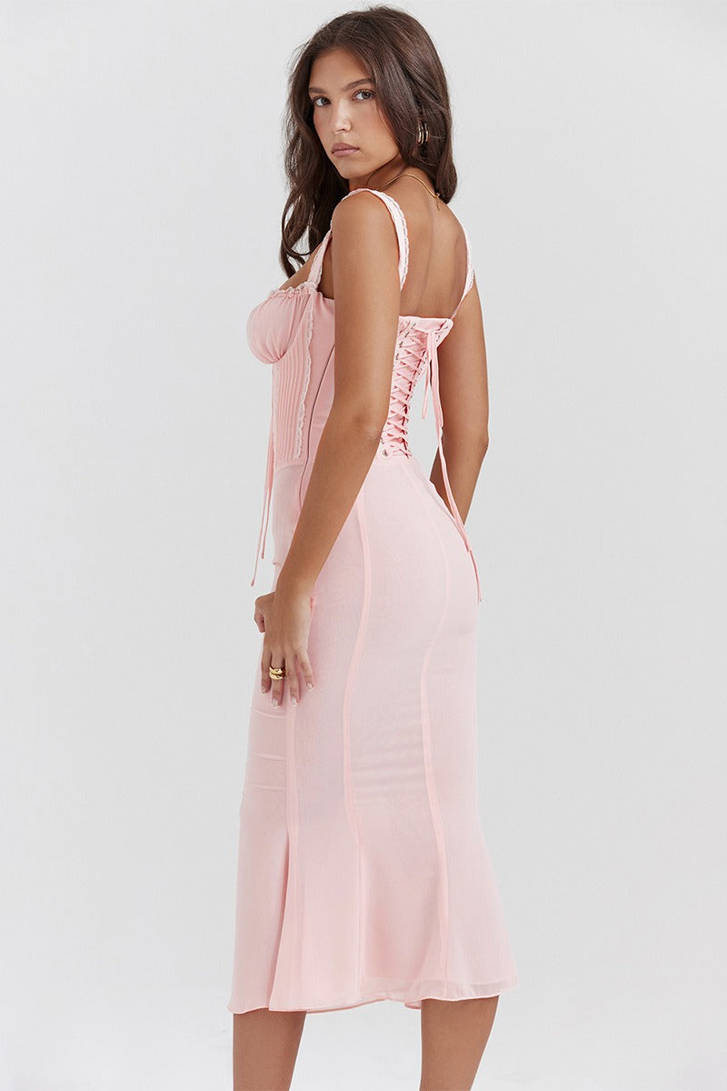 Sweetheart Ruched Corset Bodice Lace Panel Tie Front Flared Midi Dress