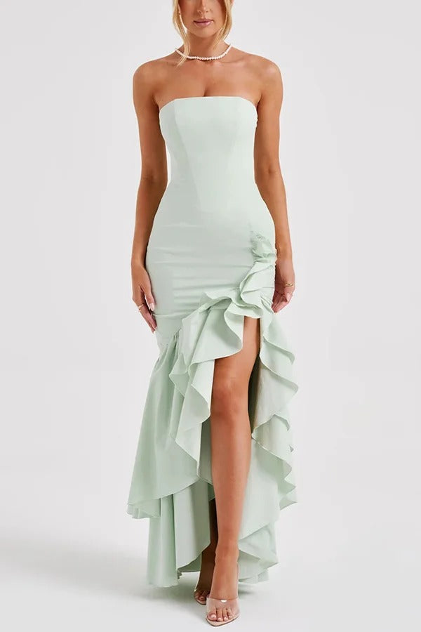 Strapless Ruched Hip Cascade Tiered Ruffle High-Low Maxi Gown