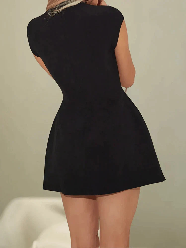 Mock Neck Cap Sleeve Pocket Flap Fit and Flare Mini Dress