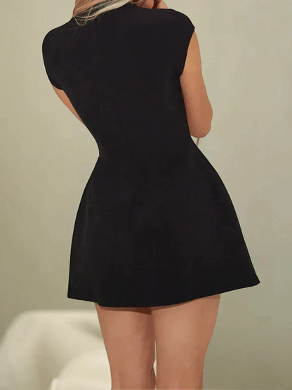 Mock Neck Cap Sleeve Pocket Flap Fit and Flare Mini Dress