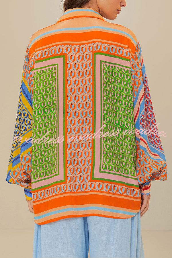 Brazil's Joyful Spirit Colorful Unique Print Balloon Sleeve Button Loose Shirt