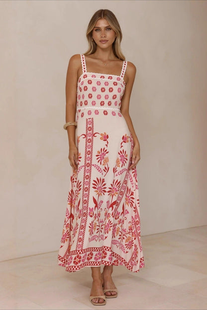 Scalloped Trim Square Neck Panel Print Border Hem Maxi Dress