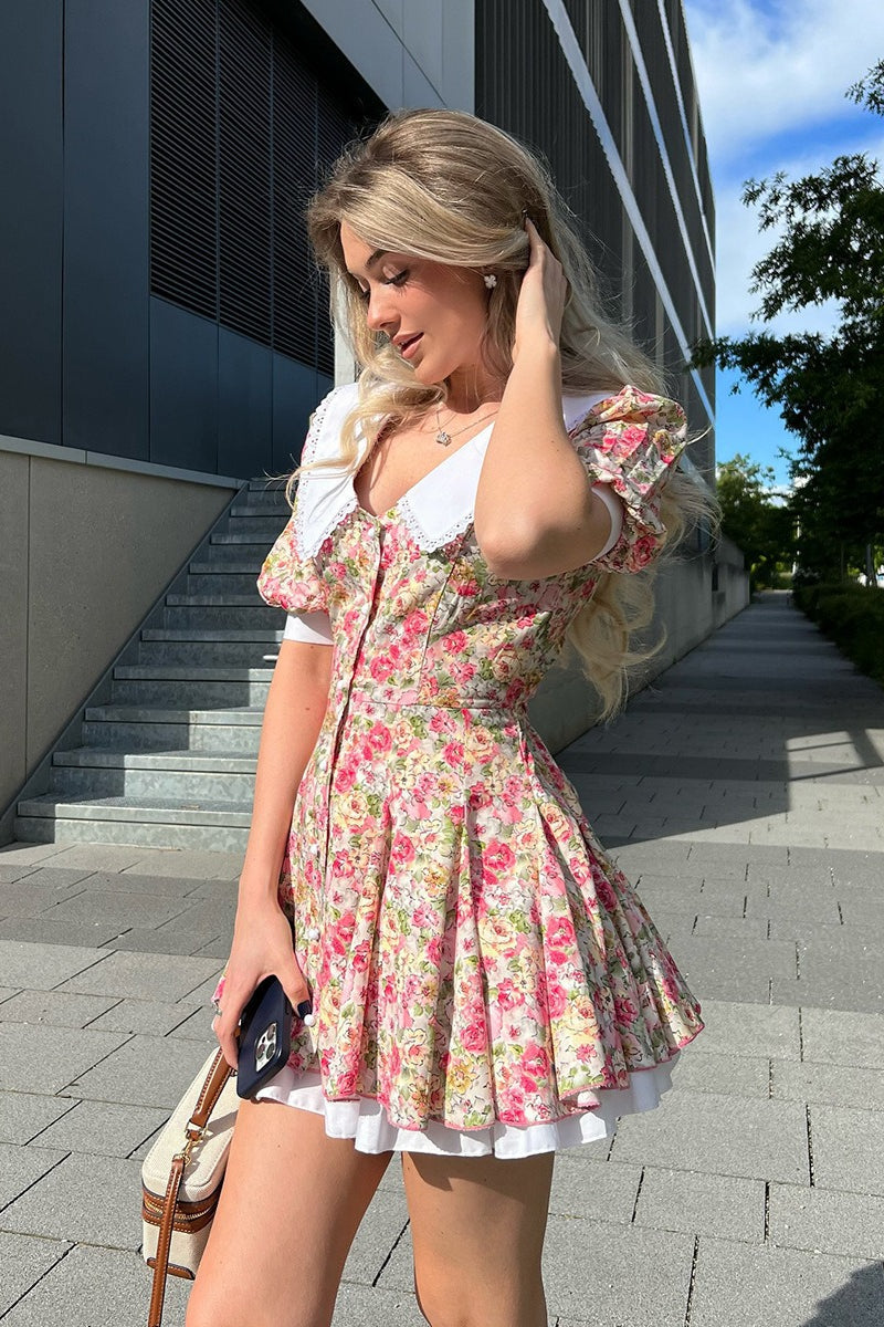 Floral Print Oversized Eyelet Lace Collar Puff Sleeve Tiered Hem Mini Dress