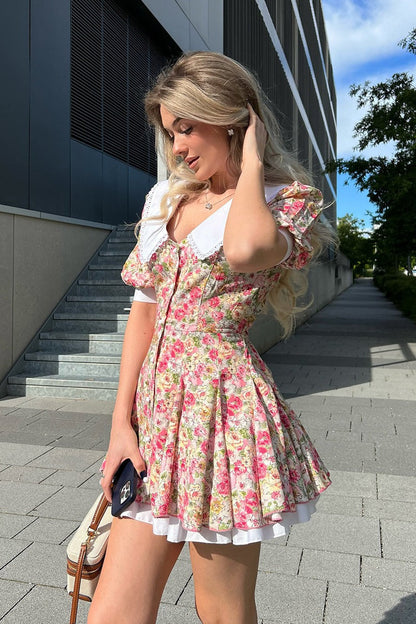 Floral Print Oversized Eyelet Lace Collar Puff Sleeve Tiered Hem Mini Dress
