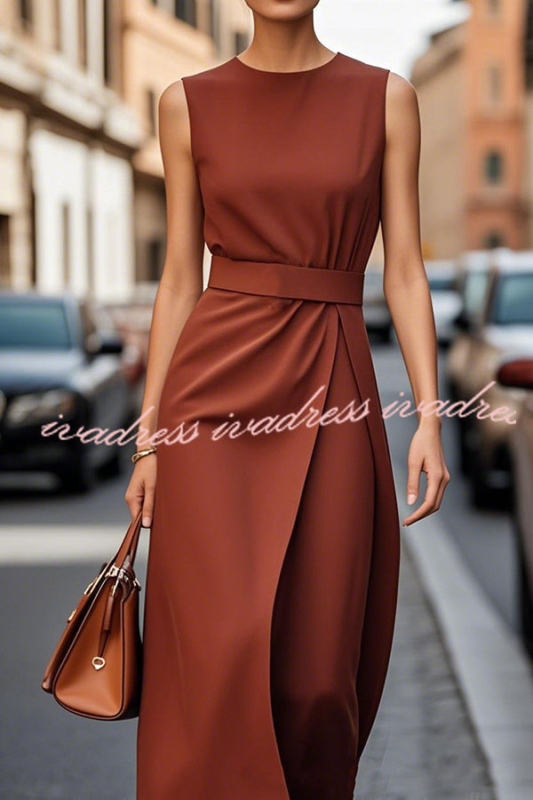 Solid Color Sleeveless Round Neck Casual Midi Dress