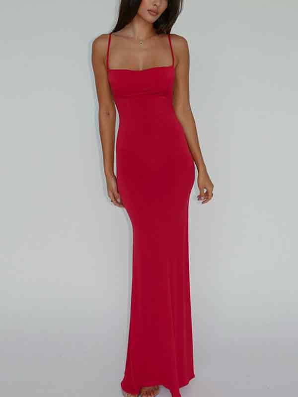 Solid Color Backless Slim Maxi Dress
