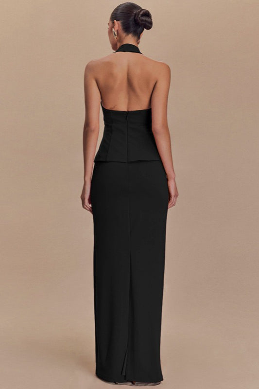 Square Neck Halter Peplum Top Column Maxi Skirt Set