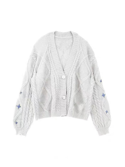 Star Embroidered Print Cable Knit V Neck Cardigan