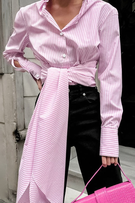 Striped Long Tie Neck Blouse
