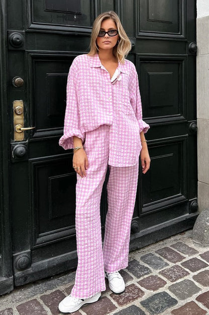 Pink Plaid Loose Casual Two Piece Set