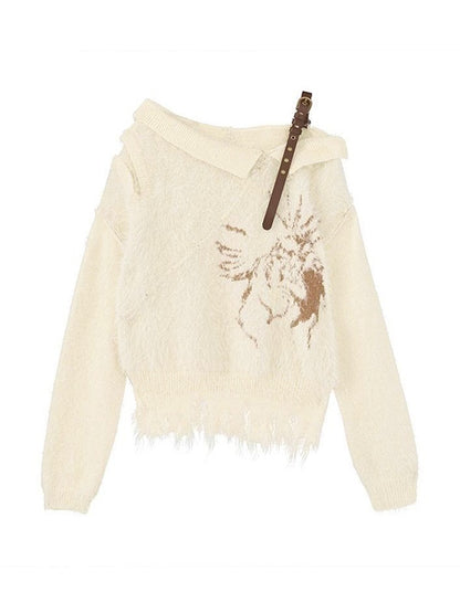 Plush Slanted Shoulder Belted Strap Tattered Hem Sweater