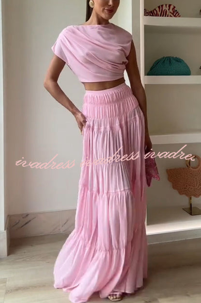 Stunning Chiffon Ruched Shoulder Short Sleeve Crop Top