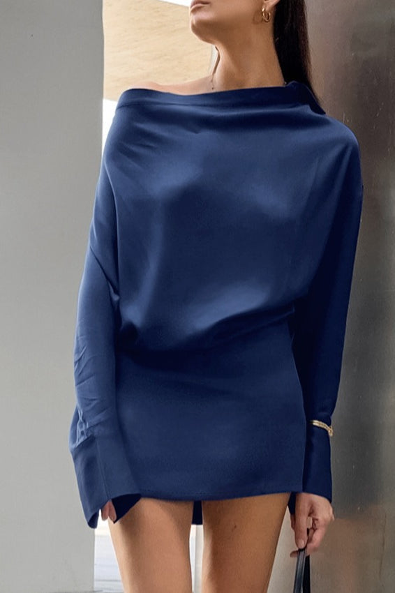 Collared Cowl Neck Long Sleeve Wide Cuff Satin Mini Dress