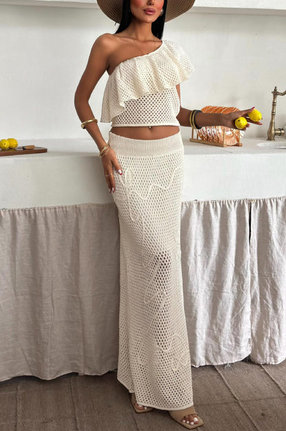 Solid Color One-shoulder Ruffled Openwork Top and Elastic Waist Holiday Knit Maxi Skirt Cover-up Set