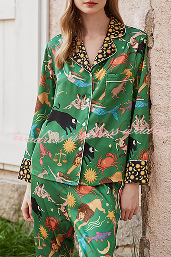 Green Constellation Printed Home Long Sleeved Two-piece Set