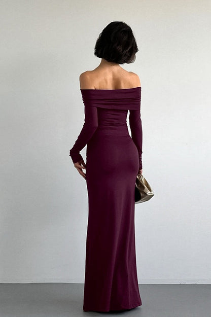 | Solid Off-the-shoulder Bodycon Maxi Dress