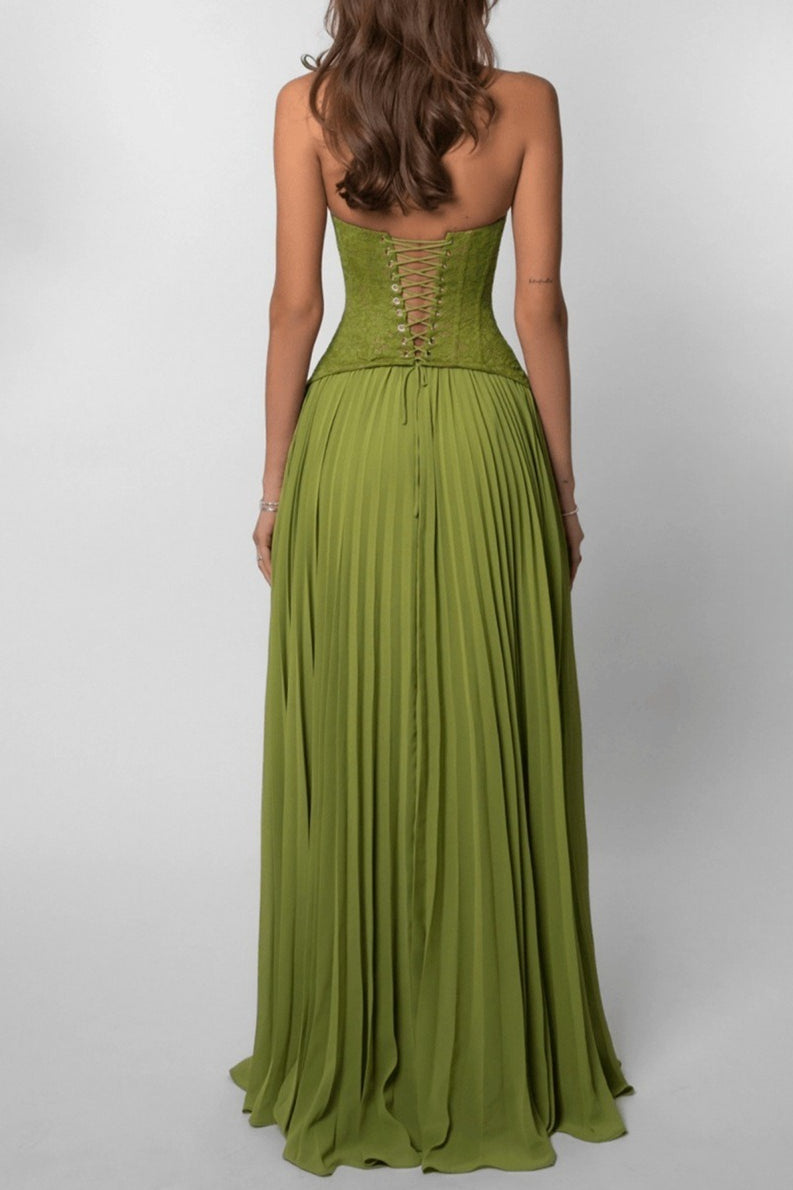 Lace Halter Plunging Sweetheart Accordion Pleat Chiffon Maxi Gown