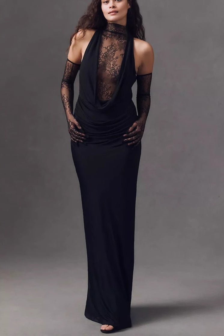 Mock Neck Lace Cowl Overlay Ruched Column Maxi Dress