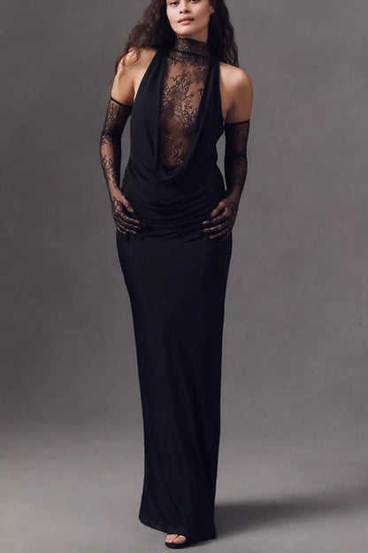 Mock Neck Lace Cowl Overlay Ruched Column Maxi Dress