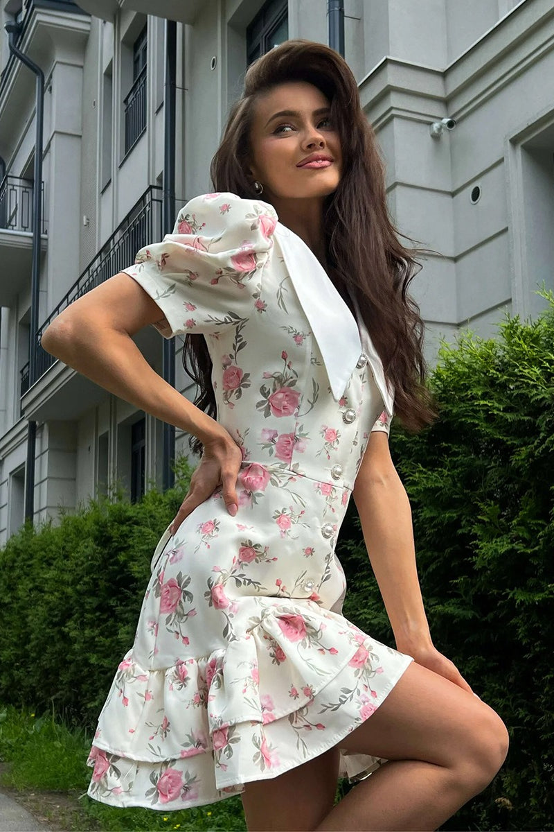 Floral Print Oversized Pointed Collar Puff Sleeve Button Front Tiered Mini Dress