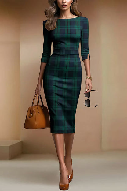 Plaid Print Half Sleeves Fitted Elegant Midi Dress