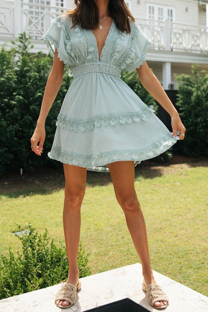 Swiss Dot Lace Trim Tassel Tie Flutter Sleeve Tiered Smocked Mini Dress