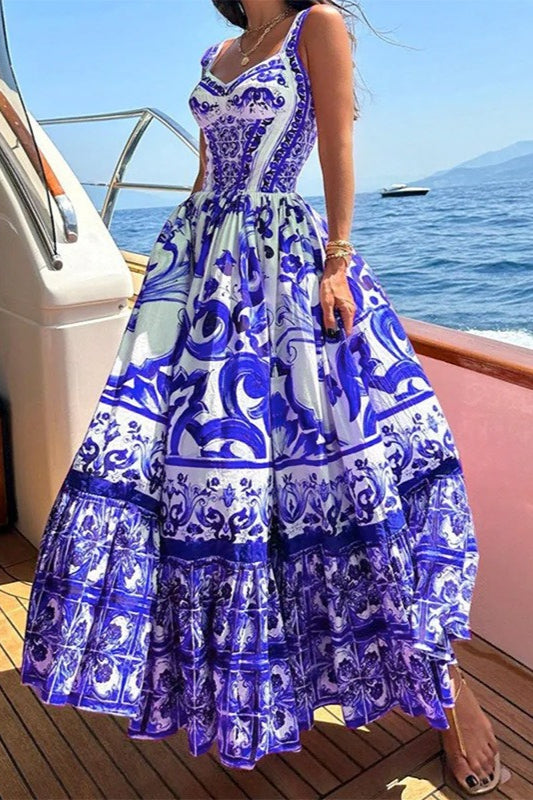 Mediterranean Print Sweetheart Neck Tiered Flounce Hem Maxi Dress