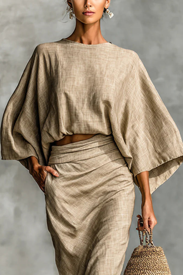 Linen Blend Batwing Sleeve Loose Top and Casual Pocket Maxi Skirt Set