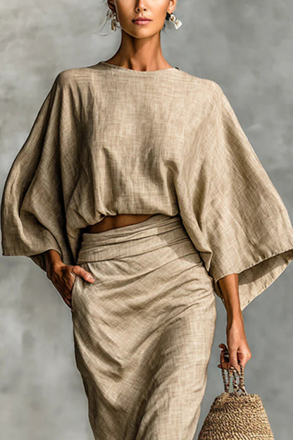 Linen Blend Batwing Sleeve Loose Top and Casual Pocket Maxi Skirt Set