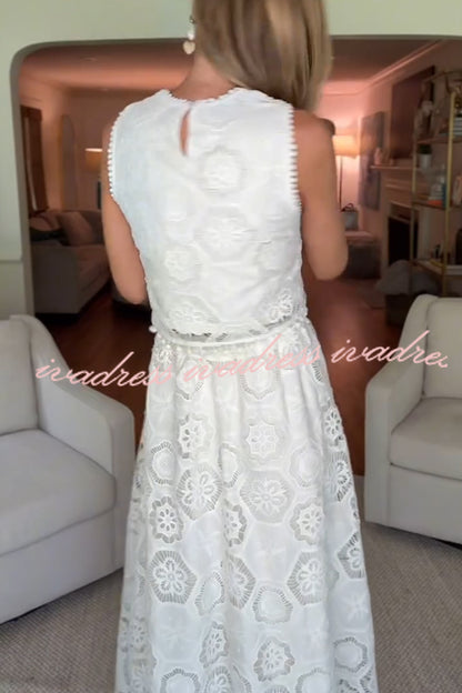 Nice Try Embroidered Crochet Lace Tassle Trim Crop Tank Top