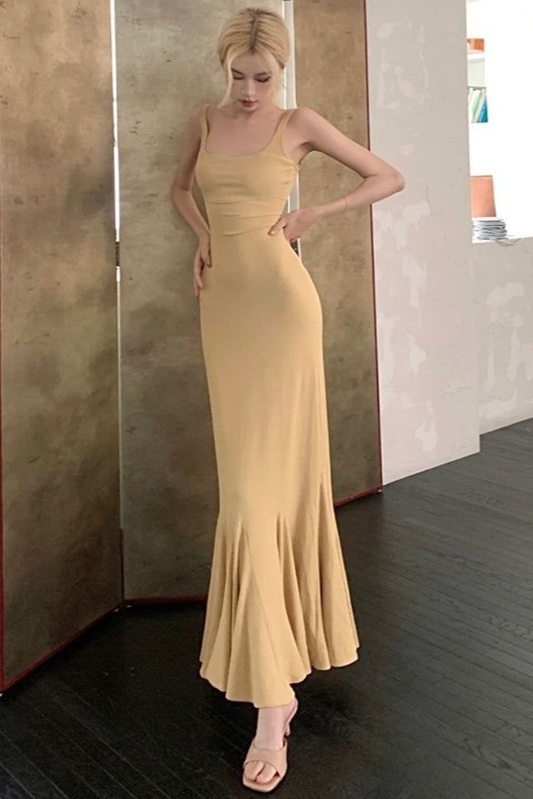 Spaghetti Strap Scoop Back Mermaid Ruffle Hem Maxi Dress