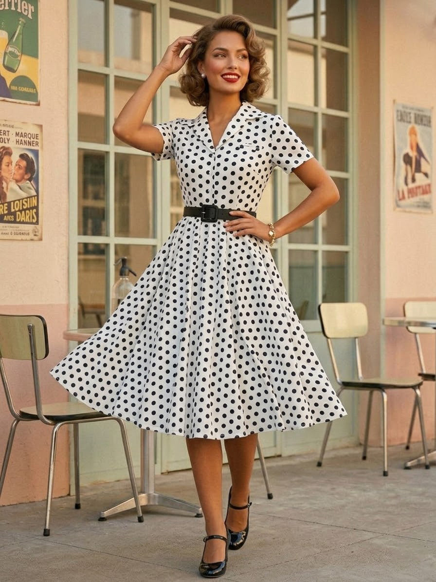 Retro Glamour Dress 1950s Style Turndown Collar Buttons Short Sleeves Polka Dot Swing Dress