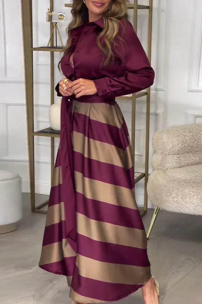 Collared Long Sleeve Button Down Tie Waist Striped Maxi Dress