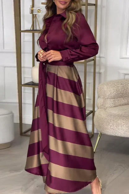 Collared Long Sleeve Button Down Tie Waist Striped Maxi Dress