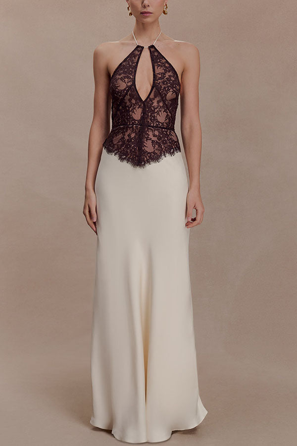 Timeless Silhouette Lace and Satin Halter Backless Drape Maxi Dresset