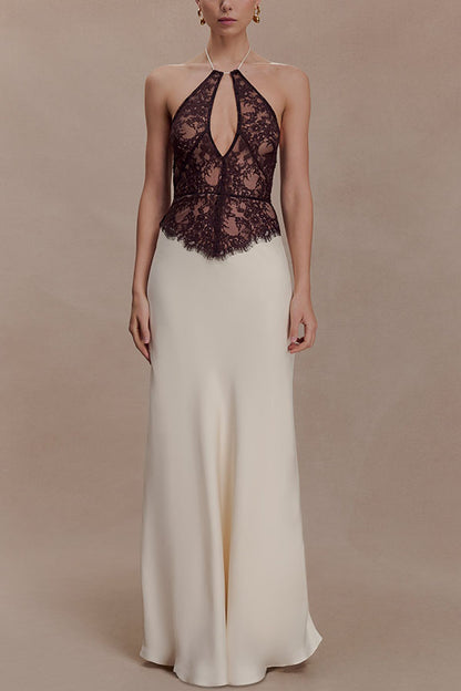 Timeless Silhouette Lace and Satin Halter Backless Drape Maxi Dresset