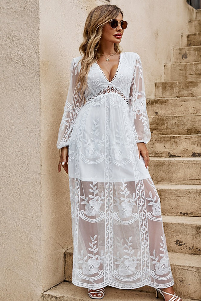 Floral Embroidered Mesh Bishop Sleeve V-Neck Empire Waist Boho Maxi Dress