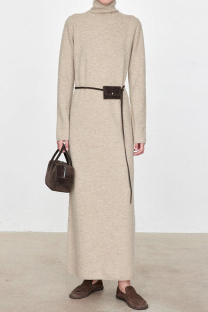 Turtleneck Long Sleeve Column Belted Knit Maxi Dress
