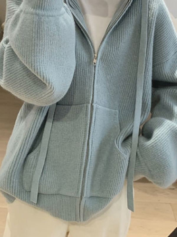 Solid Hooded Zip Up Knit Cardigan