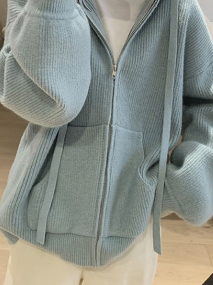 Solid Hooded Zip Up Knit Cardigan