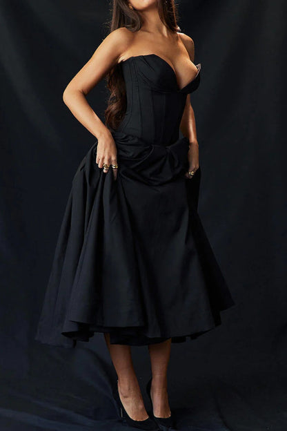 Strapless Corset Sweetheart Neckline Pleated Full Skirt Midi Dress