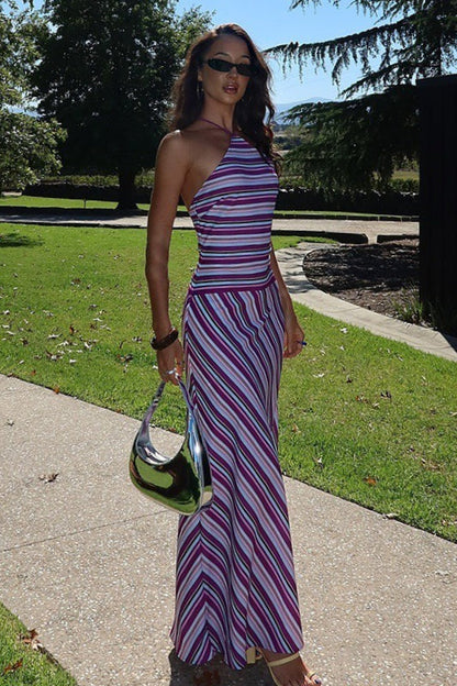 Striped Halter Neck Chevron Panel Knit Maxi Dress