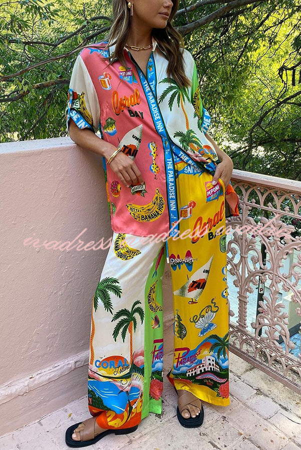 Kissed By The Sun Satin Unique Print Colorblock Button Down Oversized Blouse