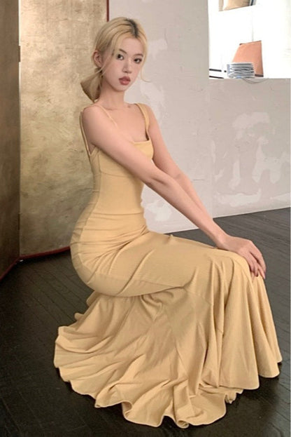 Spaghetti Strap Scoop Back Mermaid Ruffle Hem Maxi Dress