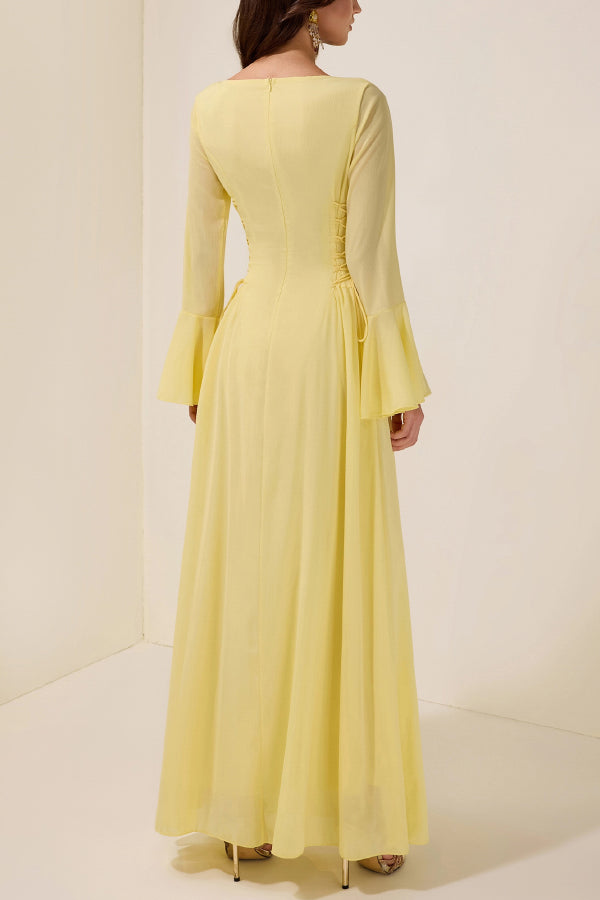 Fashionable Beaded Long-sleeved Square-neck Fitted Waist Tie Maxi Dress
